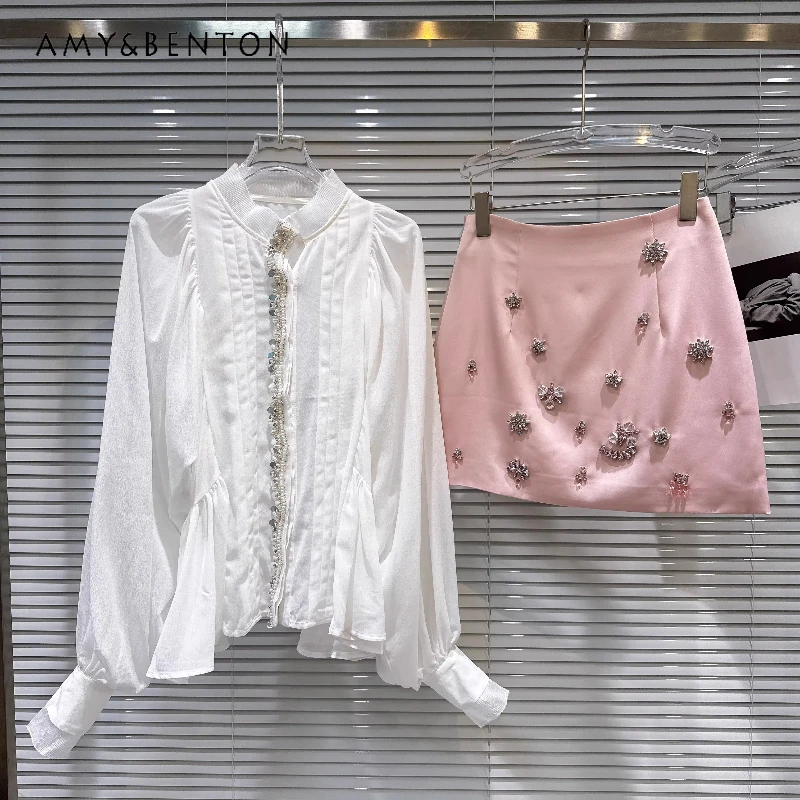 

French Temperament Design Pearl Bead Women's Chiffon Shirt 2026 Spring New Pink Satin Heavy Industry Diamond Skirt Set Ladies