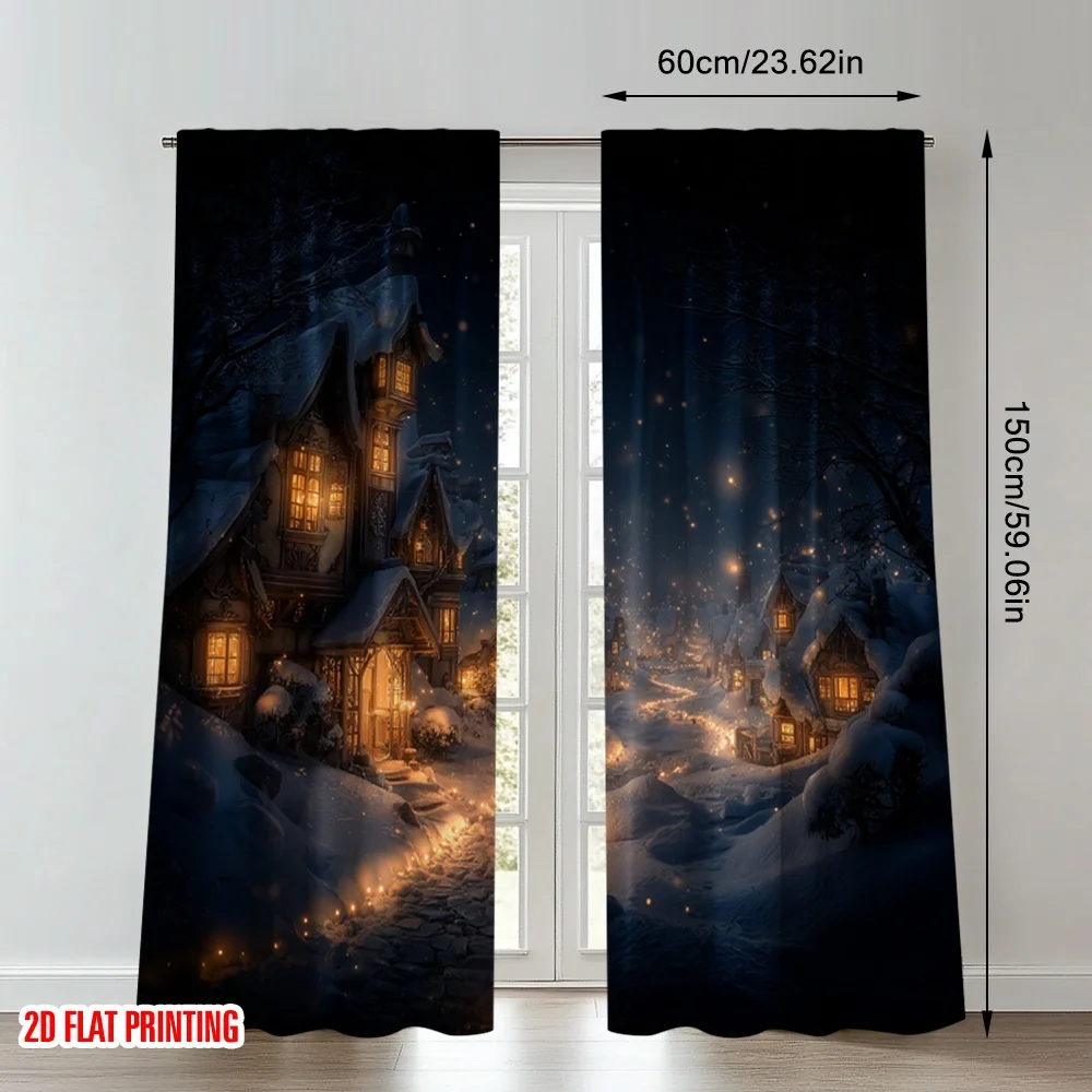 2 قطعة 2D الطباعة المسطحة عيد ميلاد سعيد الستائر دافئ الشتاء قرية مساء المشهد الرقمية المطبوعة البوليستر الستائر حفلة الأسرة #2