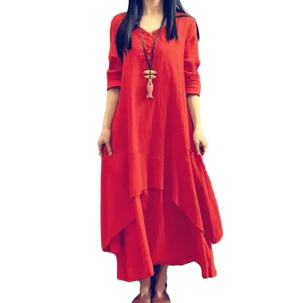 1pc Retro Women's Cotton Linen Maxi Dresses Long Sleeve Irregular Layering Robe Female Casual Loose Long Dress