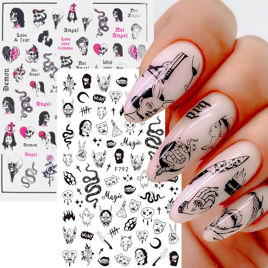 Skull Snake Abstract face Nail Stickers Gothic Design Halloween Christmas Tattoo Anime Sliders Charm Manicure 2024 Horror Decals