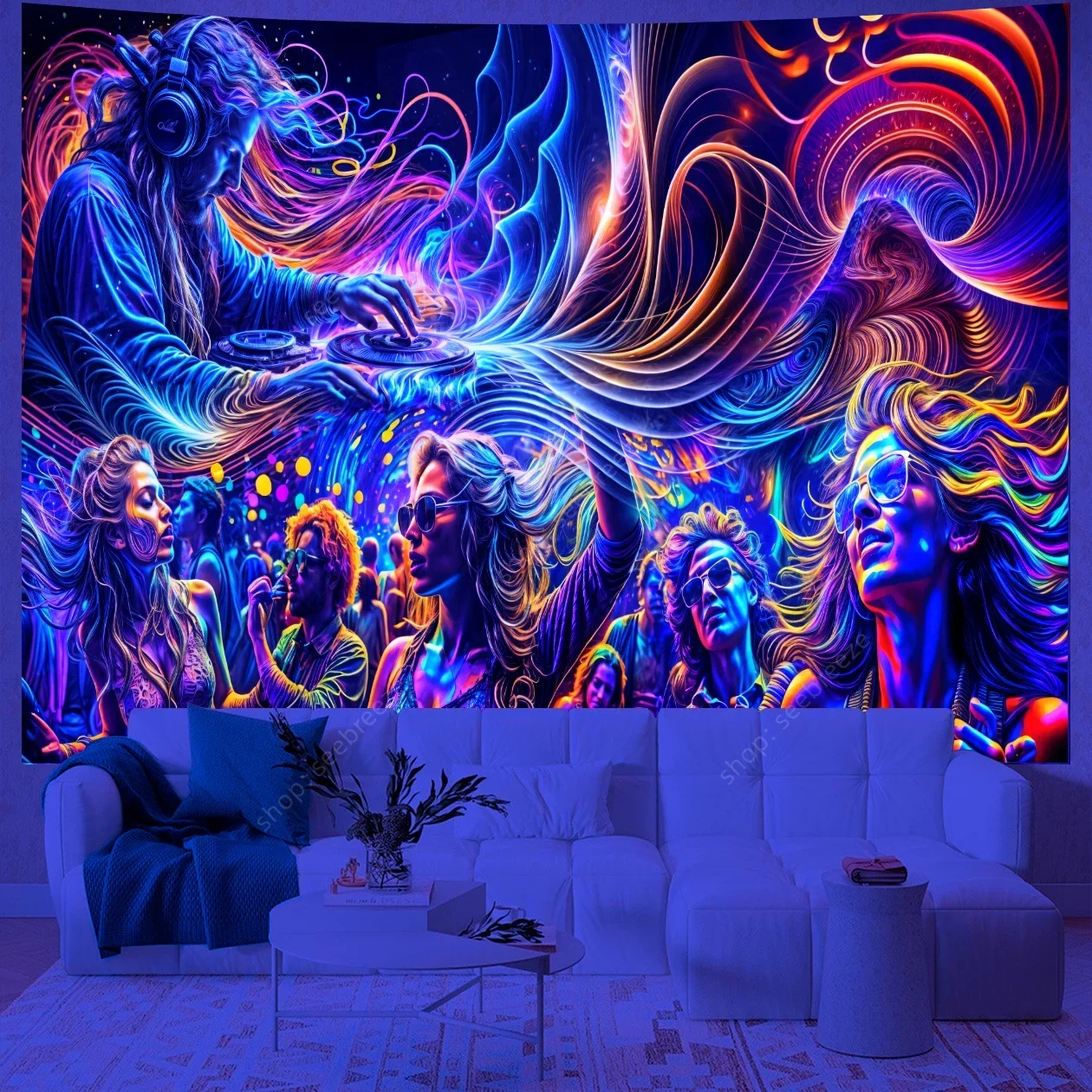 Psychedelic Figure UV Reactive Tapestry Trippy Colorful Landscape Wall Hanging Neon Tapestries for Room Decor Party Decor