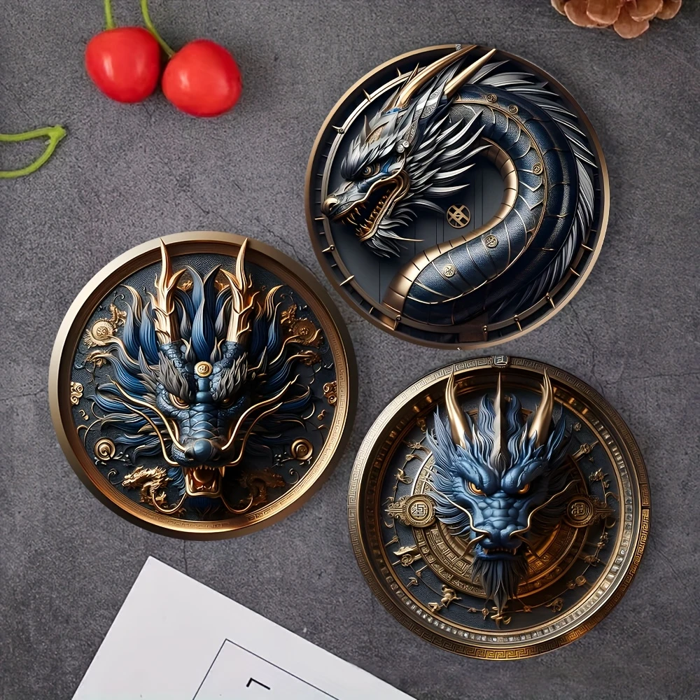 2D Chinese Dragon Pattern Art Coasters Colour Printing Round Wooden Heat Resistant Non-Slip Home Decor Gift Multifunctional