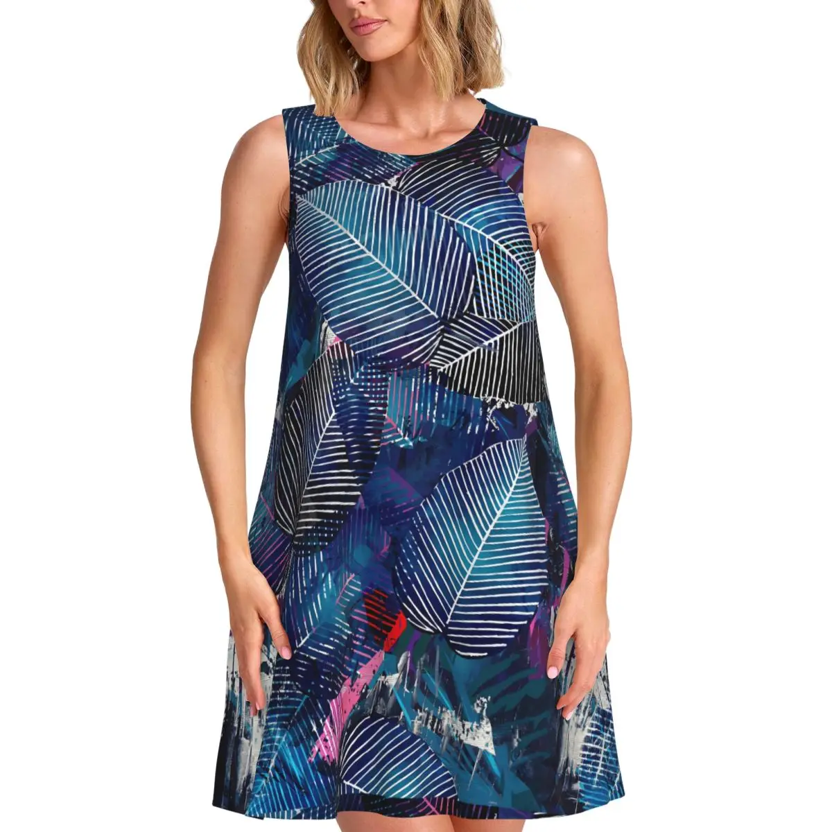 Leaf Print Casual Dress Abstract Leaves Sleeveless Modern Dresses Female Crew Neck Basic Dress Date Print Vestidos Birthday Gift