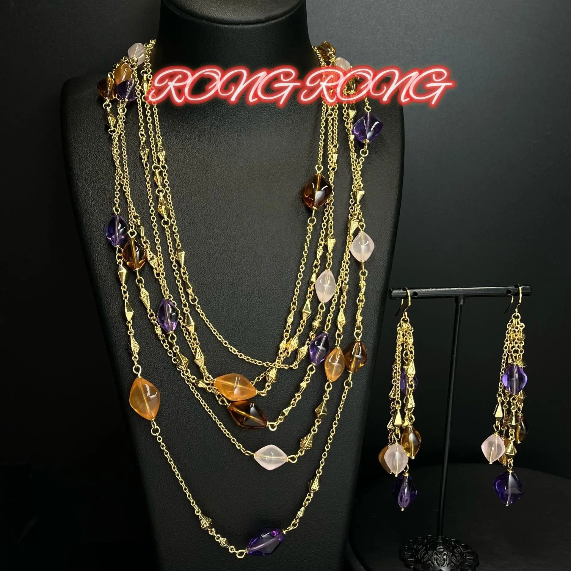 

Medieval vintage retro multi-layer stacking wearing colored glazed long necklace heavy industry necklace