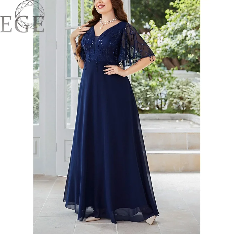 V Neck Royal Blue Sequins Shiny Plus Size Wedding Dress 5XL6XL Plus Size Women\'s Chiffon MAXI Party Banquet Short Sleeve Dresses