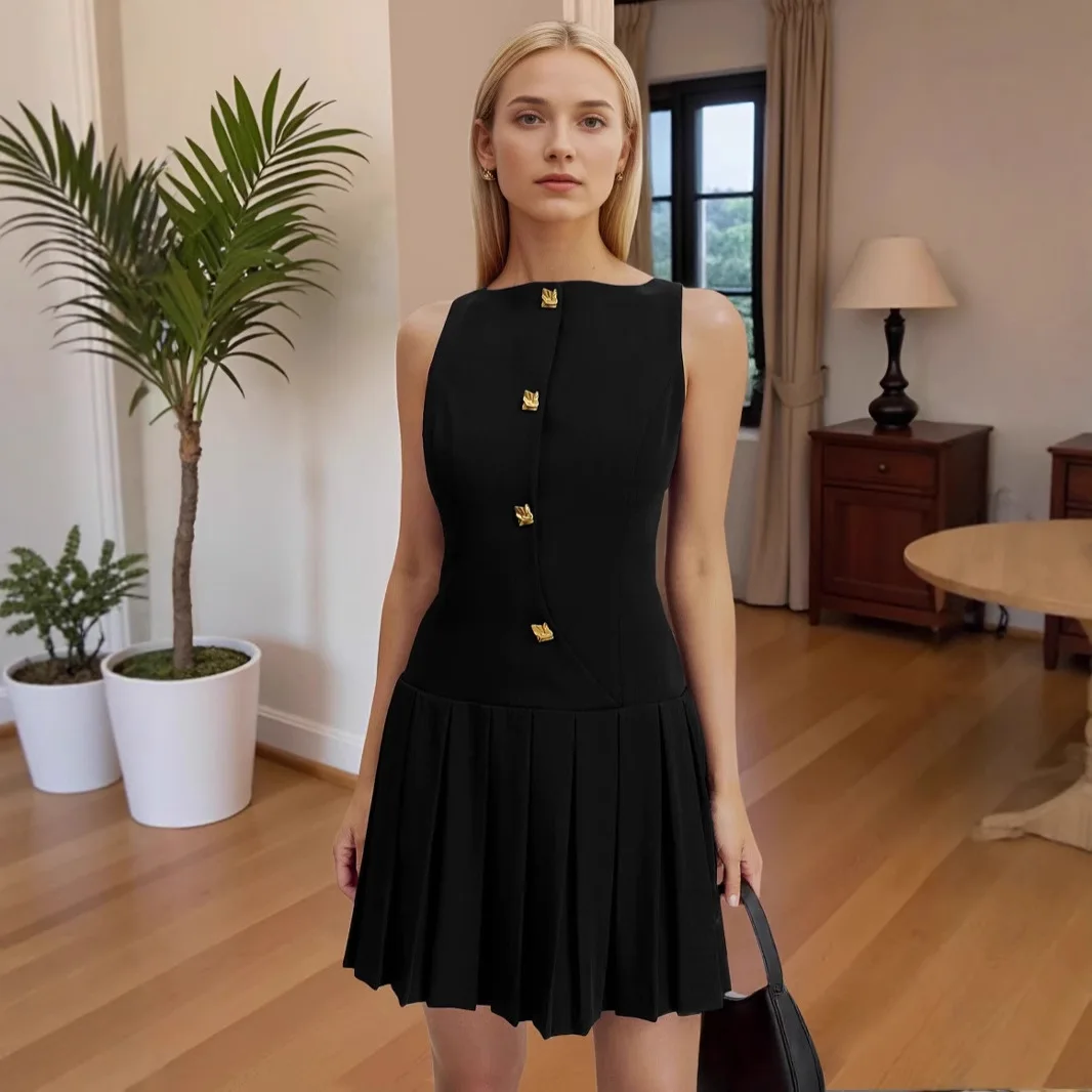 

Spring Summer New Products Simple European American Women's Clothing Loose Waist Personality Solid Color Sleeveless Short Dress