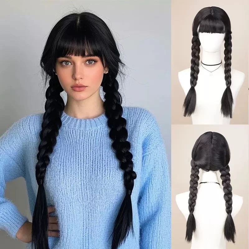 

American Broadway Musical Family Wednesday Addams Wig Black Double Ponytail