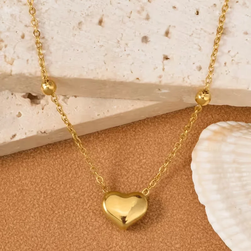 3D Heart-Shaped Stainless Steel Beaded Chain Necklace for Women Colorfast Fashionable Simple Jewelry for Daily Wear And Layering