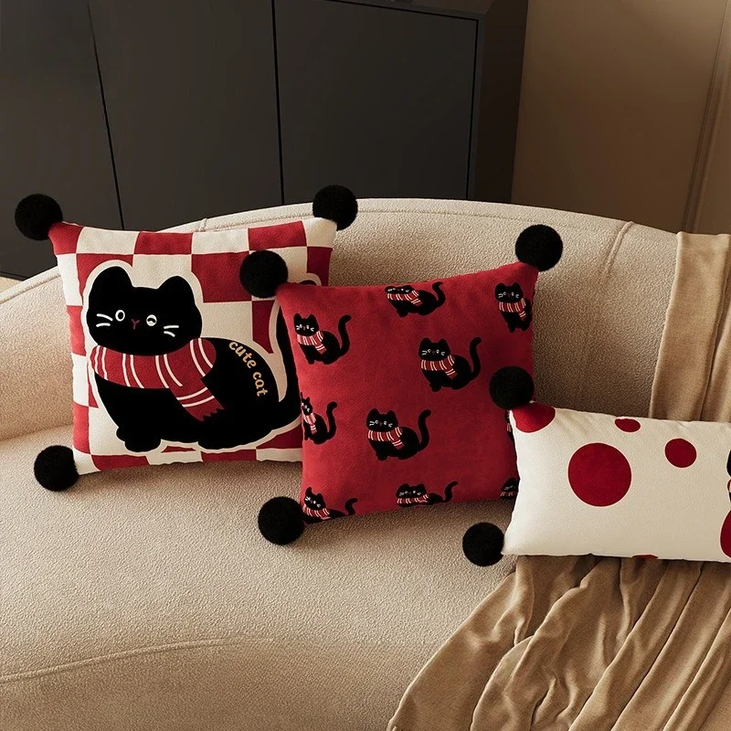 1PC Red New Year's Cat Pillow Thickened Dutch Fleece Square Removable Pillowcase Cartoon Printed Pillow