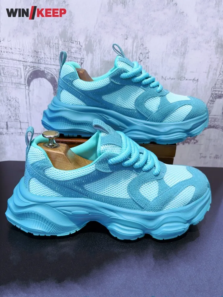 Men Mesh Spliced Comfortable Breathable Shiny Diamonds Thick Platform Sports Shoes Running Shoes Jogging Sports Sneakers Outdoor