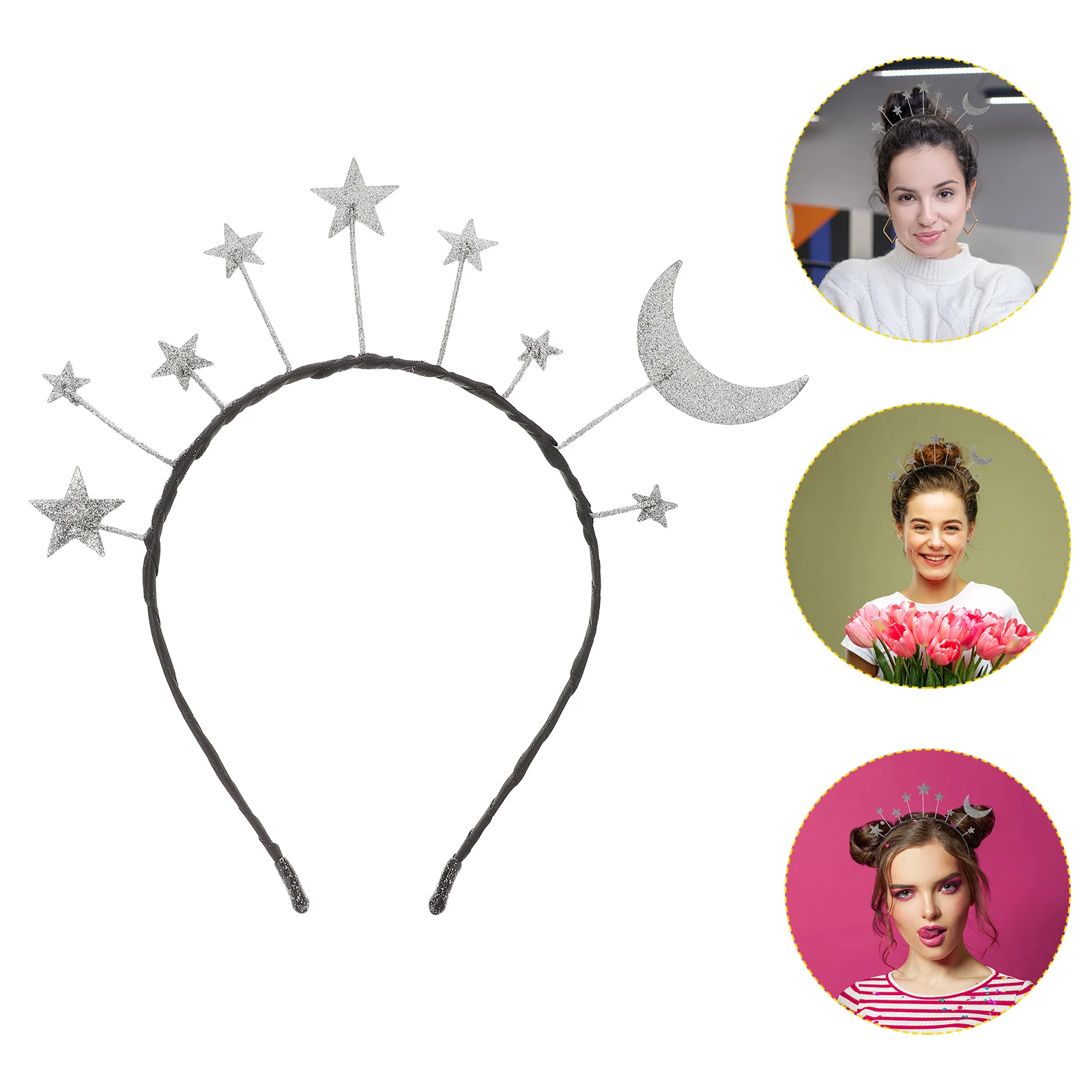 Diadema creativa con forma de luna y estrellas, decoración de Halloween, diadema con purpurina espacial, fiesta, Navidad, novia