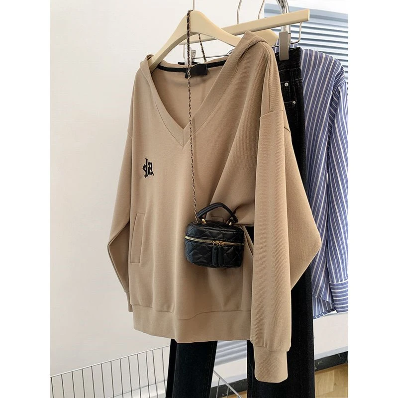 

plus Size V-Ne Hoodie Women's Loose Fit Sweatirt Korean Sle Casual Comfortable Autumn Top for All Body pes