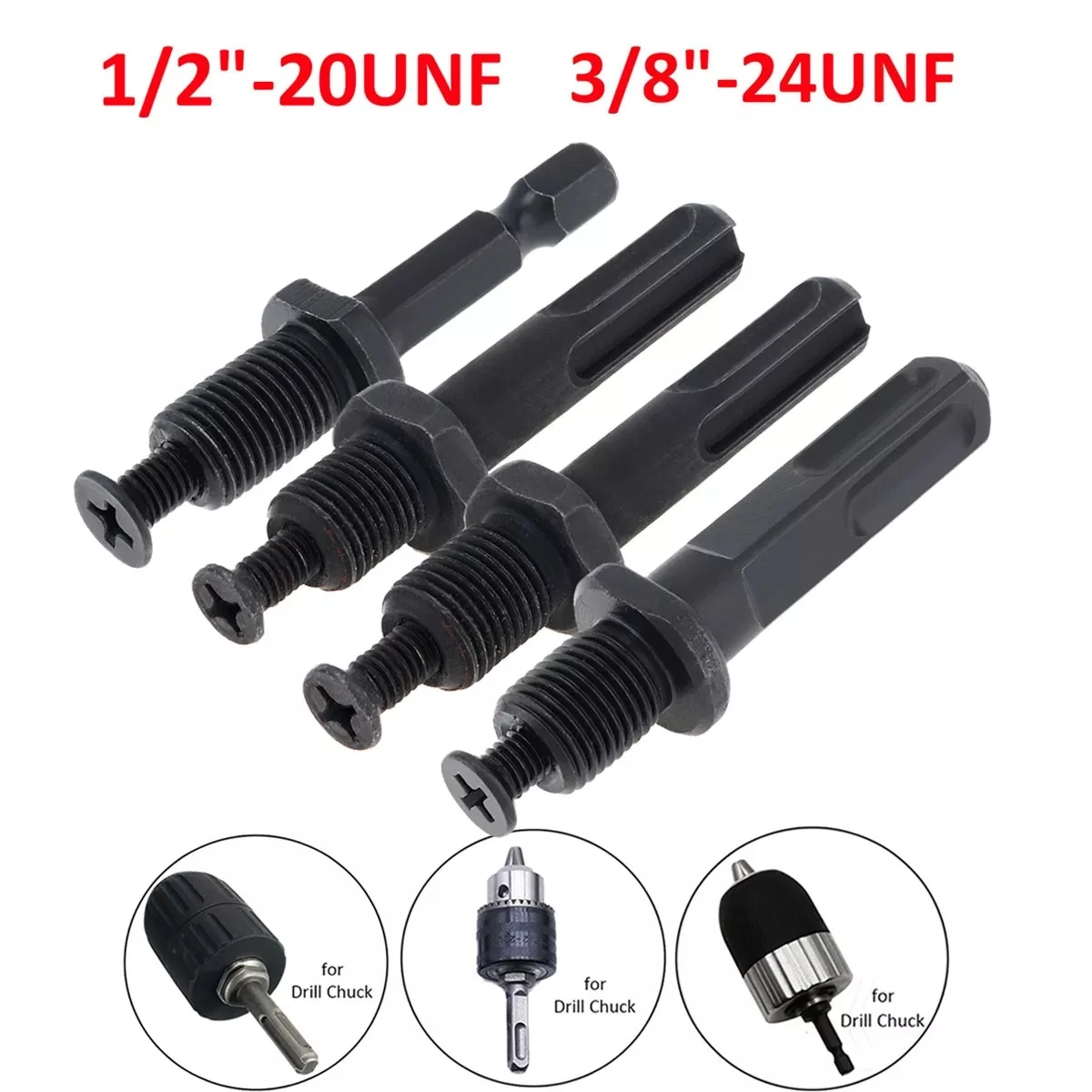 

1/2 -20UNF 3/8-24UNF Connecting Rod Adapter Square Round Hexagon Hex Screw Shank Drilling Bit Extension for Electric Drill Chuck