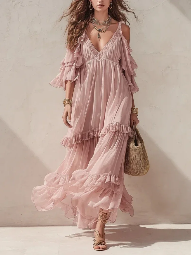 Women's Ruffled Tiered Maxi Dress V-Neck Off-shoulder Flutter Flowy Chiffon Gown Elegant Chic Boho Sexy High Waist Summer Dress