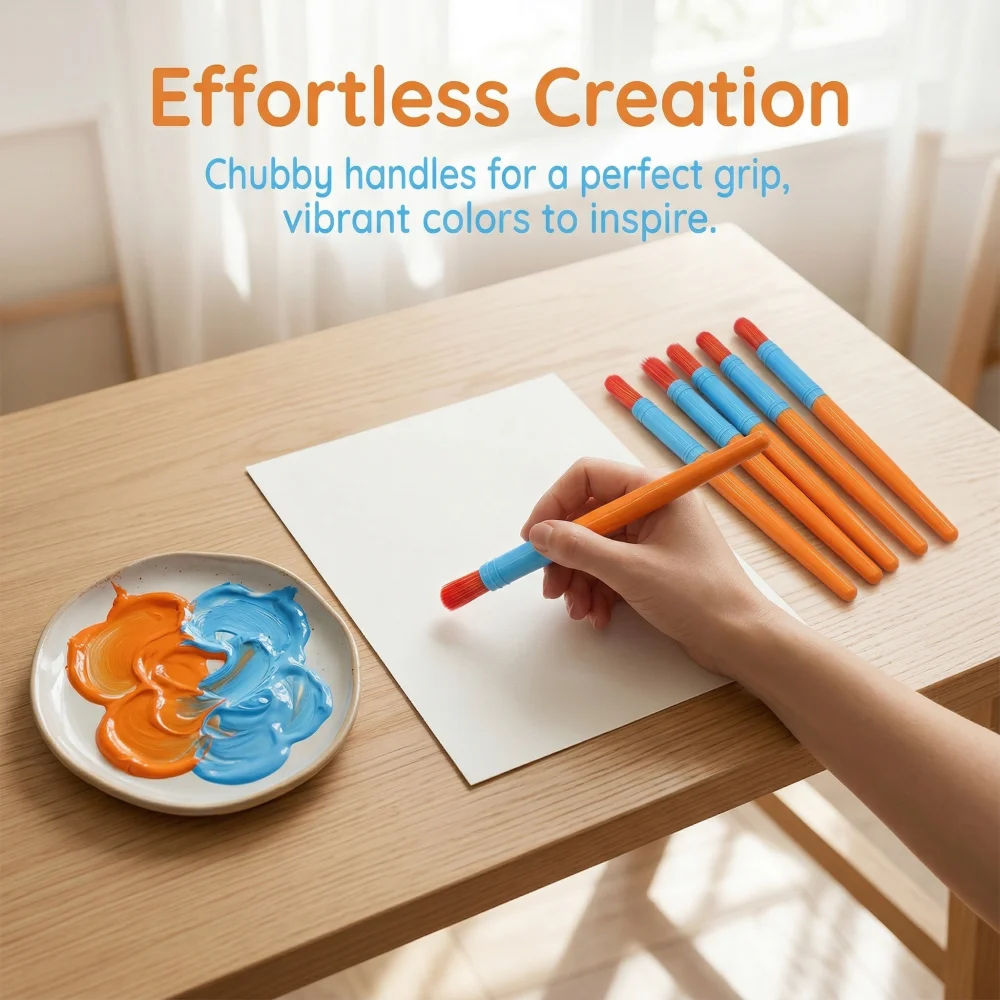 3/6/9Pcs Chubby Paint Brushes Set, Soft Nylon Non-Shedding for Acrylic Gouache, Orange & Sky Blue Handle Art Supplies