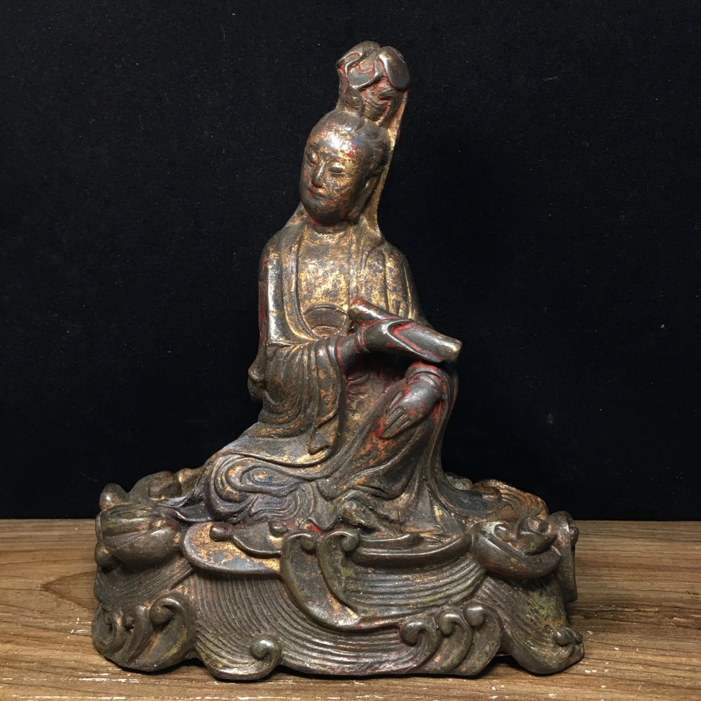 Old copper Qing Dyansty copper Guanyin is reading book Buddha Statue, Free shipping