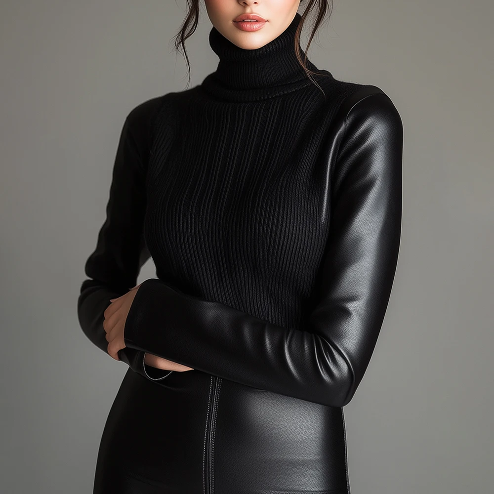 

Women Elegant Turtleneck Sweater Knit Patchwork Faux Leather Patchwork Long Sleeve Slim Streetwear Casual Fashion Woman Pullover