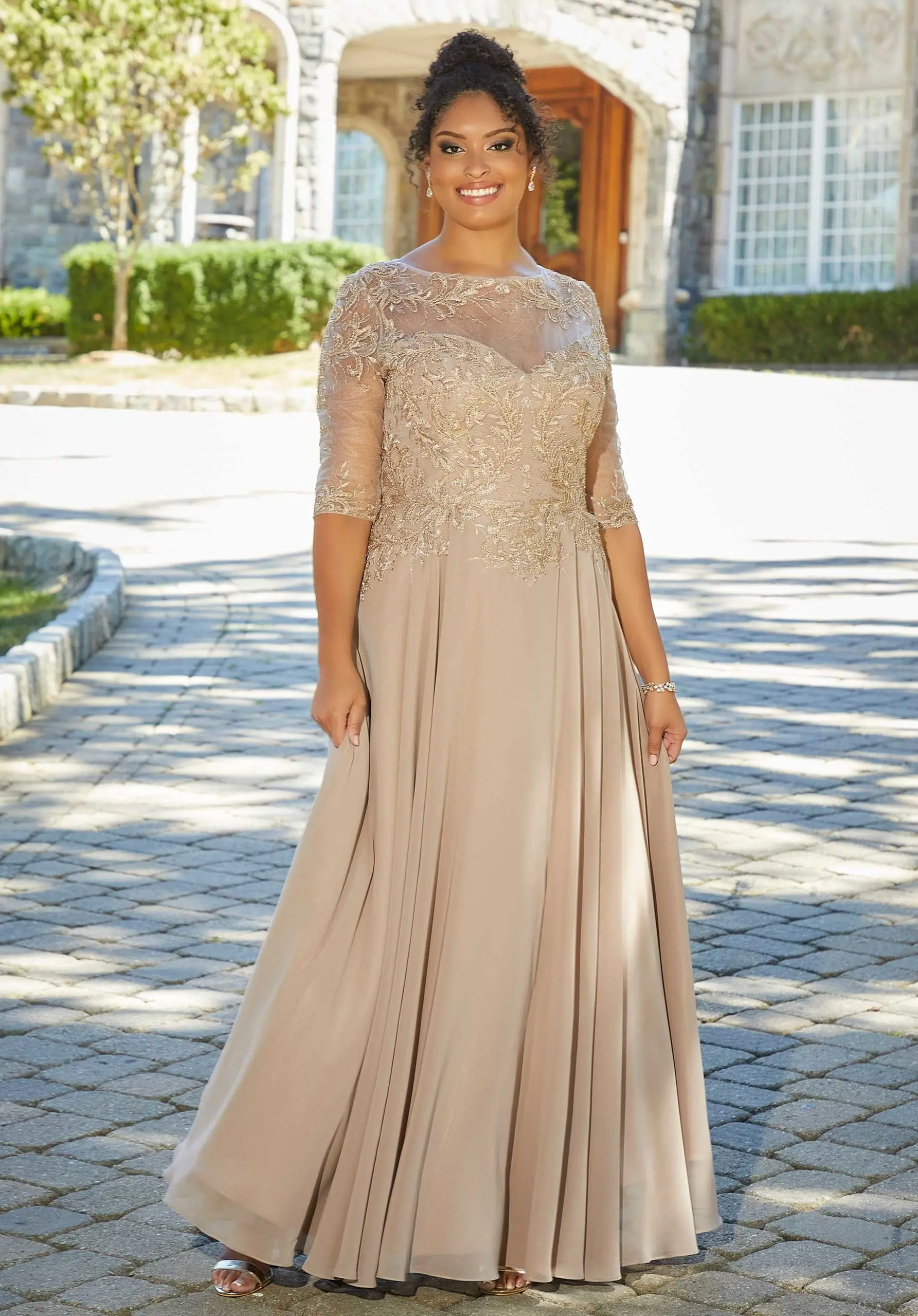 Mutter der Braut Abend 3/4 Ärmel mit Spitze Applikation Chiffon A-Linie Kleider Damen Geburtstag formelle Gelegenheit elegante Kleider