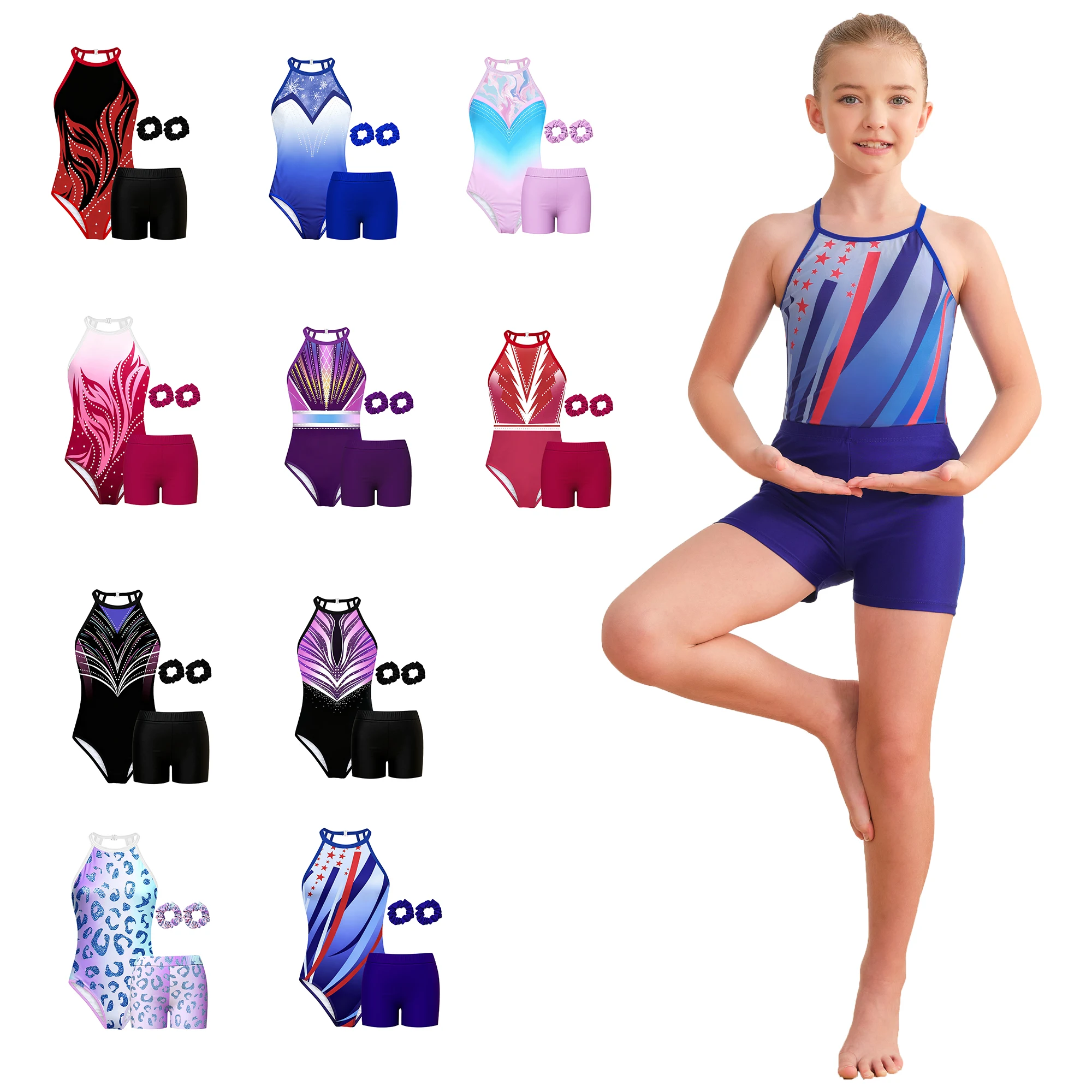 Trykot gimnastyczny dla dziewcząt, sportowy kombinezon gimnastyczny, halter neck, biketard, odzież do akrobatyki dla dzieci, bez diamentów