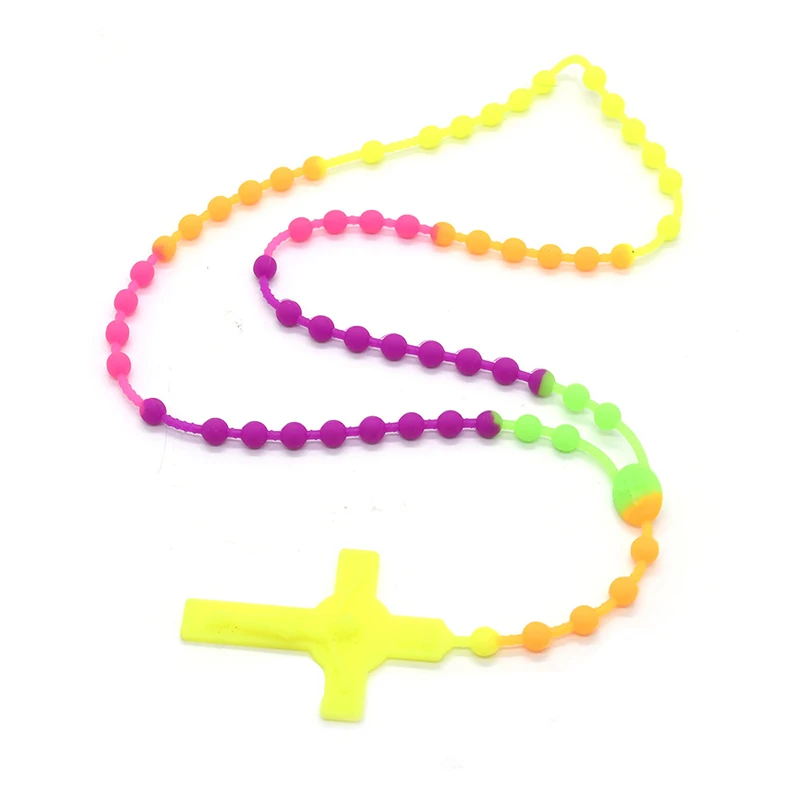 Diyalo Cross Pendant Necklace Multicolor Silicone Rosary Beaded Chain Necklace Easter Day Handmade Hanging Jewelry Gift