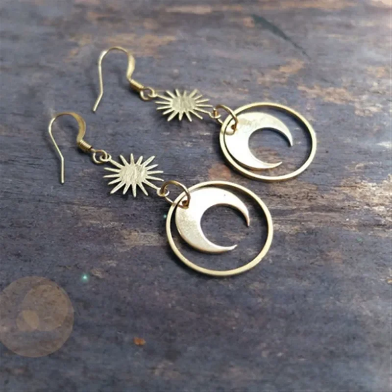 Star Sun and Moon Universe Earrings Long Magical Crescent Dangle Witch Hippie BOHO Made From Raw Brass Witch Jewelry Fashion