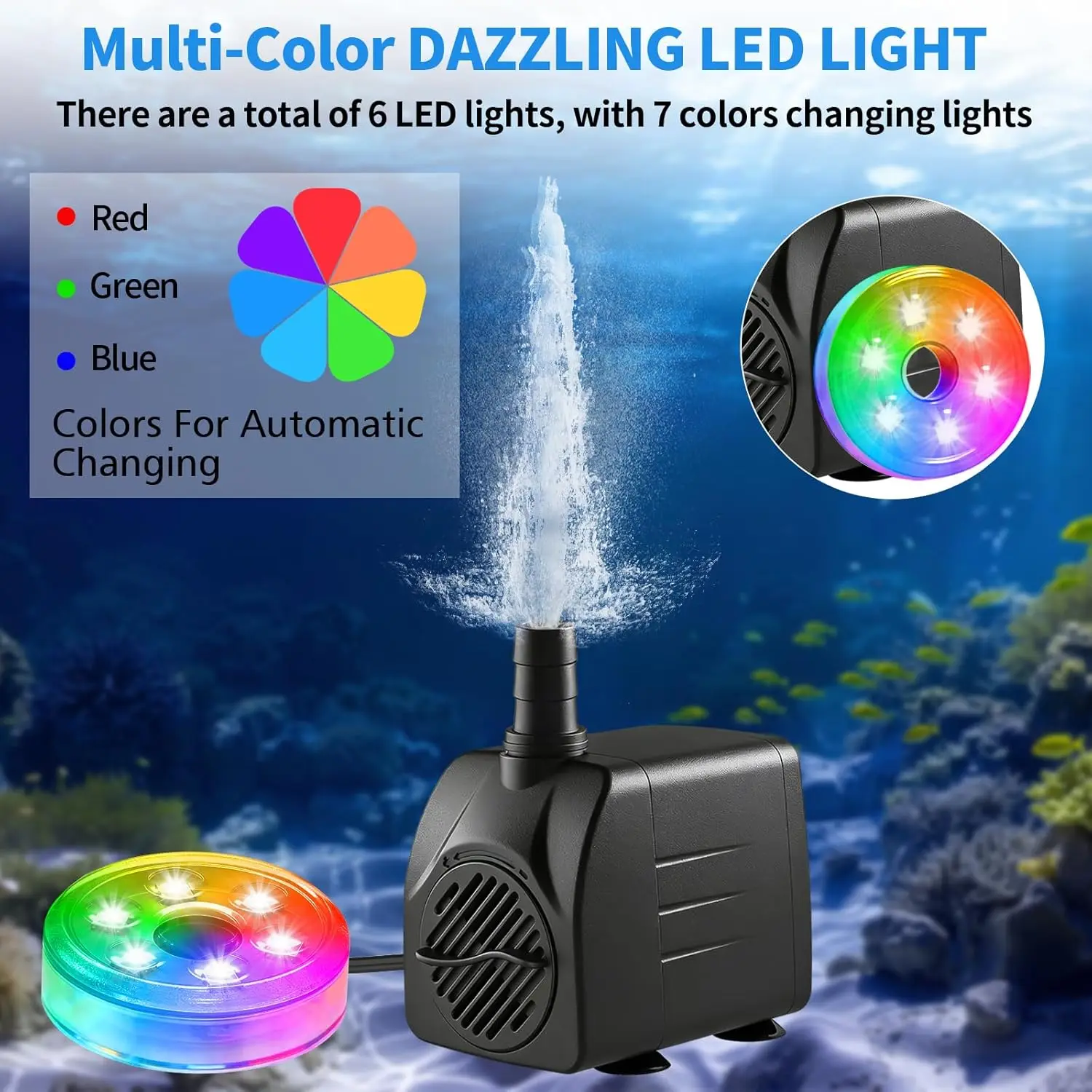 210GPH Submersible Water Pump with LED Light Fountain Outdoor Garden Pond Pump With 3mTubing 15W Fish Tank Pool Aquarium Pump