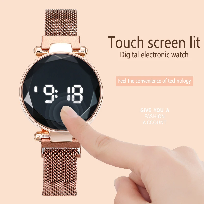 Relojes magnéticos digitales de lujo para mujer, reloj de pulsera de cuarzo LED de acero inoxidable de oro rosa, femenino