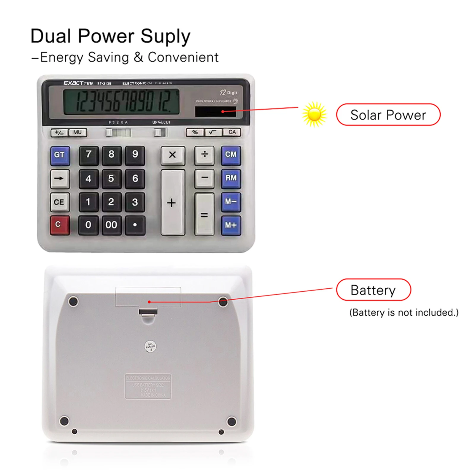 Large Computer Electronic Calculator Counter Solar & Battery Power 12 Digit Display Multi-functional Big Button  for Office