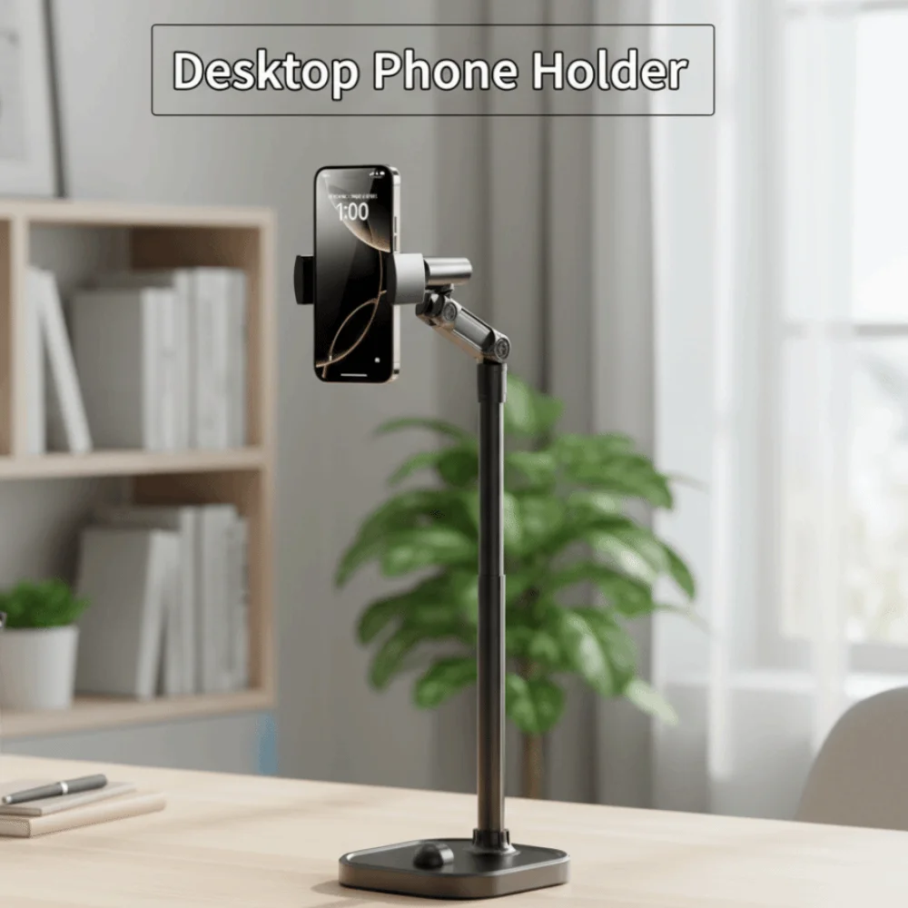 2 in 1 Telescopic Phone Stand Overhead Adjustable Height Desktop Phone Holder Universal Stable Base Mobile Phone Bracket