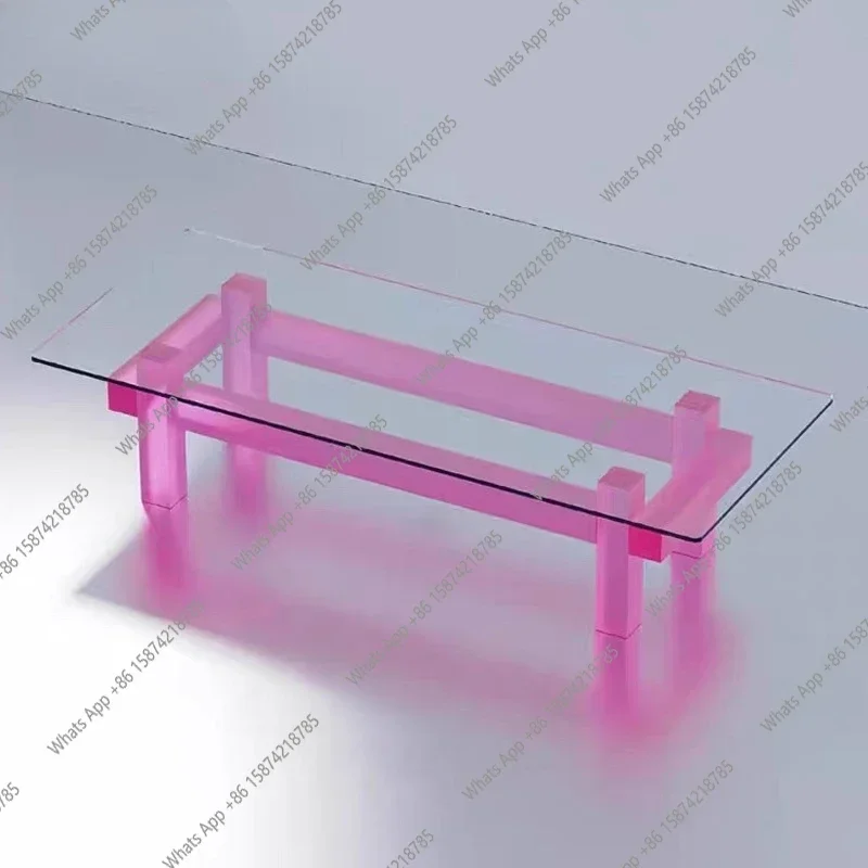 B YX Designer Simple Art Acrylic Frosted Rose Red Pink Glass Coffee Table High-end Light Luxury Coffee Table