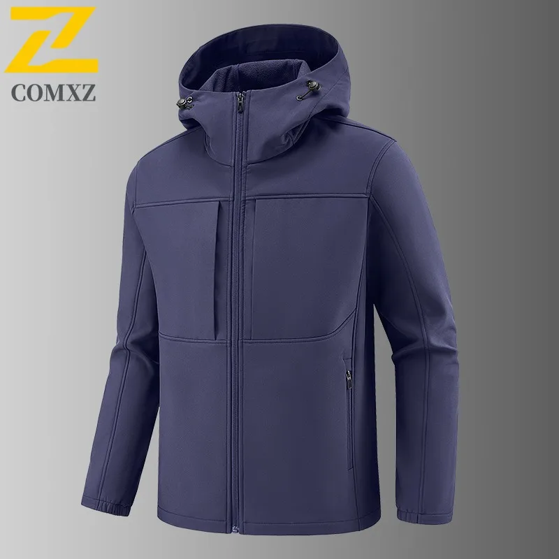 

COMXZ 2025 Мужская куртка Soft Shell, уличная ветрозащитная водонепроницаемая флисовая повседневная куртка с капюшоном, теплая легкая походная альпинистская куртка ​