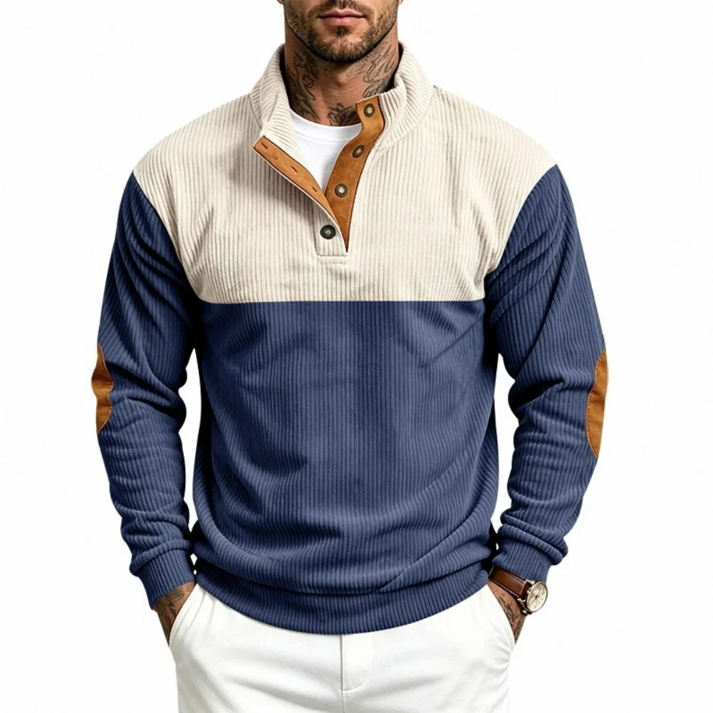 Men's Color Block Corduroy Sweatshirt with Stand Collar Regular Length and Half Button Front for Warm Season Wear