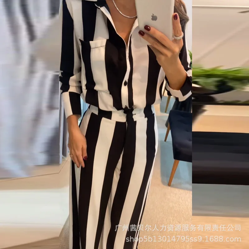 Two Piece Sets Women Striped Pants Set Elegant Turn Down Neck Full Sleeve Shirts Button High Waist Wide Leg Long Pants Casual