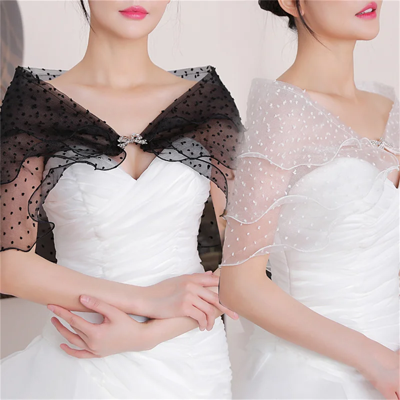 Sweet Layered Ruffles Bolero Tiers Wedding Shawl Shrug Wrap Rhinestone Bowknot Off Shoulder Prom Capelet Cloak Dropship