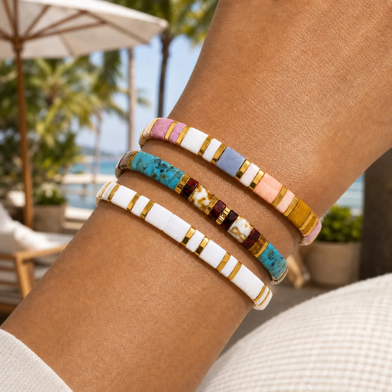 3pcs Bohemian Geometric Glass Tile Beaded Strand Bracelet for Women Color Block Stackable Fashion Wrist Jewelry