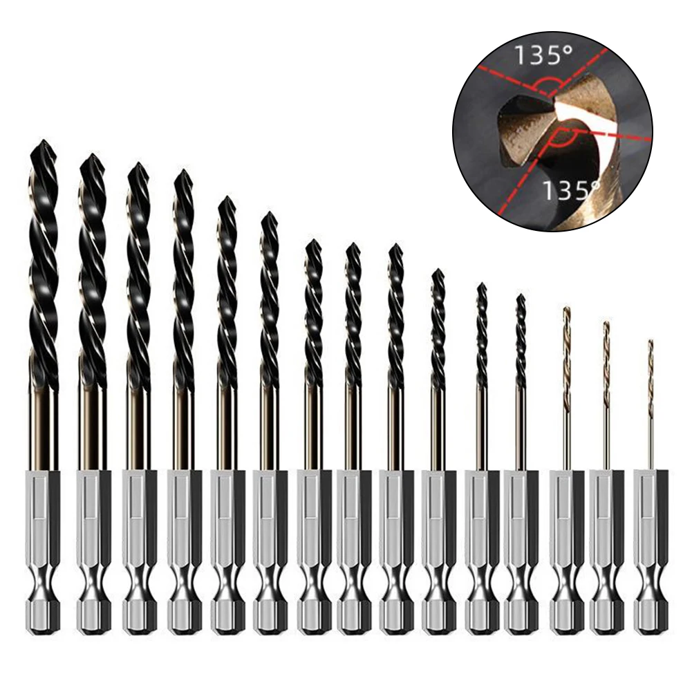 15pcs Drill Bit Set 1.5-6.5mm 1/4 Inch Hex Shank HSS With Cobalt Drill Bit Set For Wood Metal Hole Cutter Drilling Tools Parts