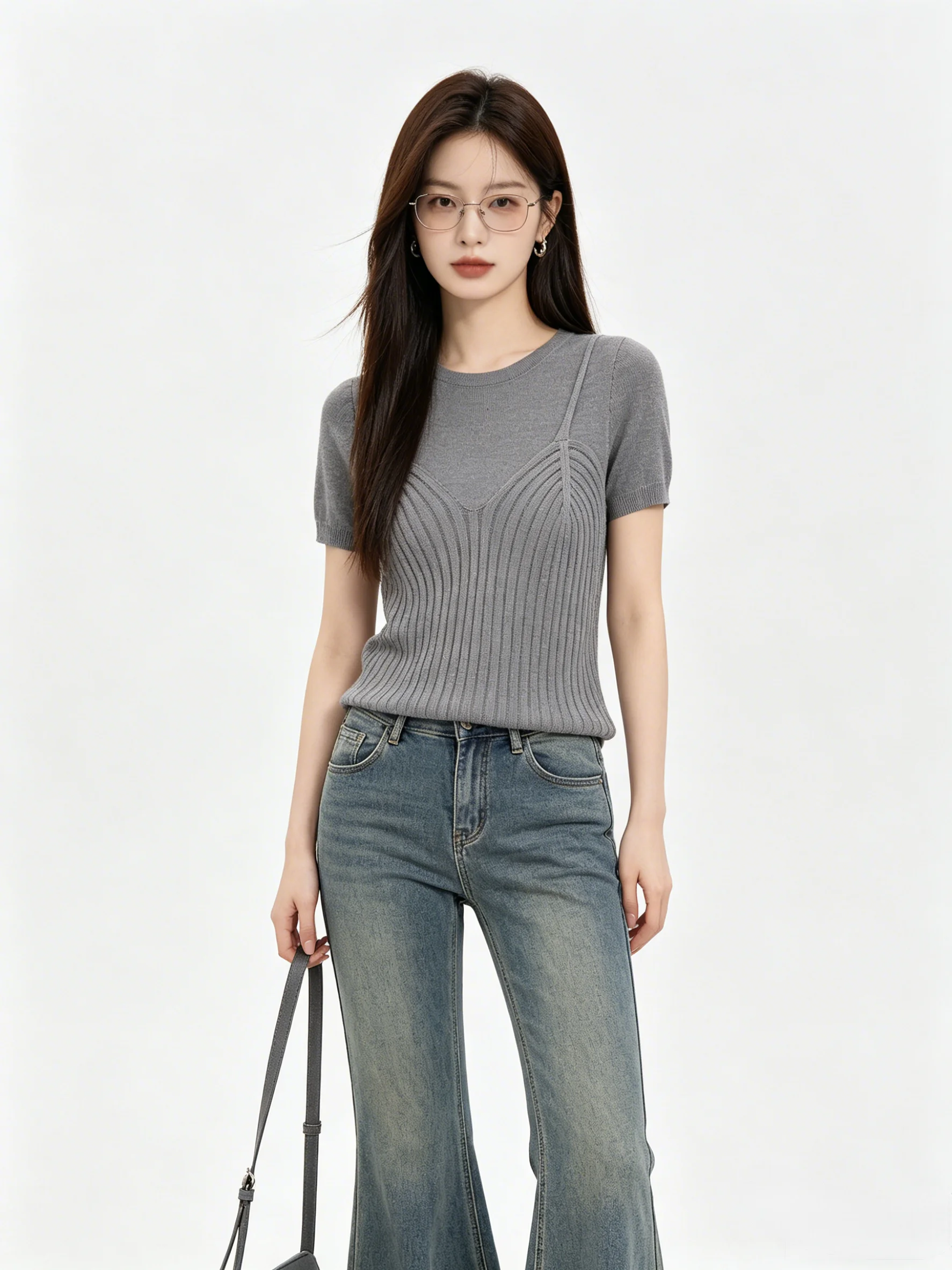 

Skin-friendly Breathable round Neck Short Sleeve T-shirt Women's Summer Slimming Casual Style Top Fake Two-piece Design