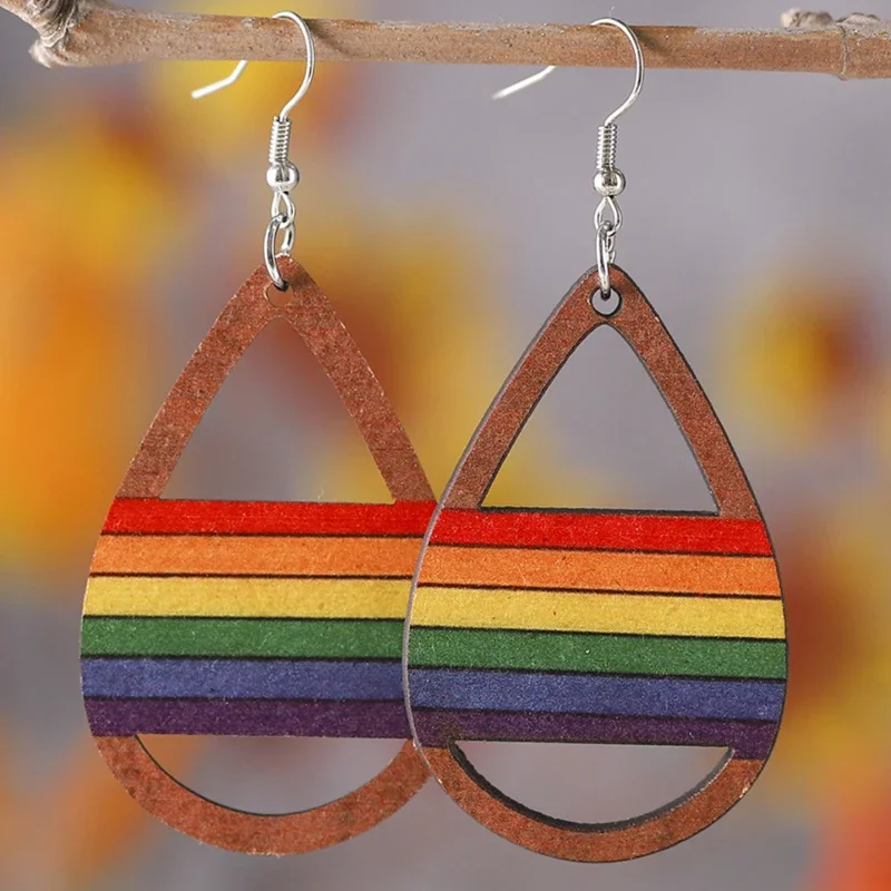 1 Pair of European and N Exaggerated Wooden Double-sided Rainbow Water Drop Earrings