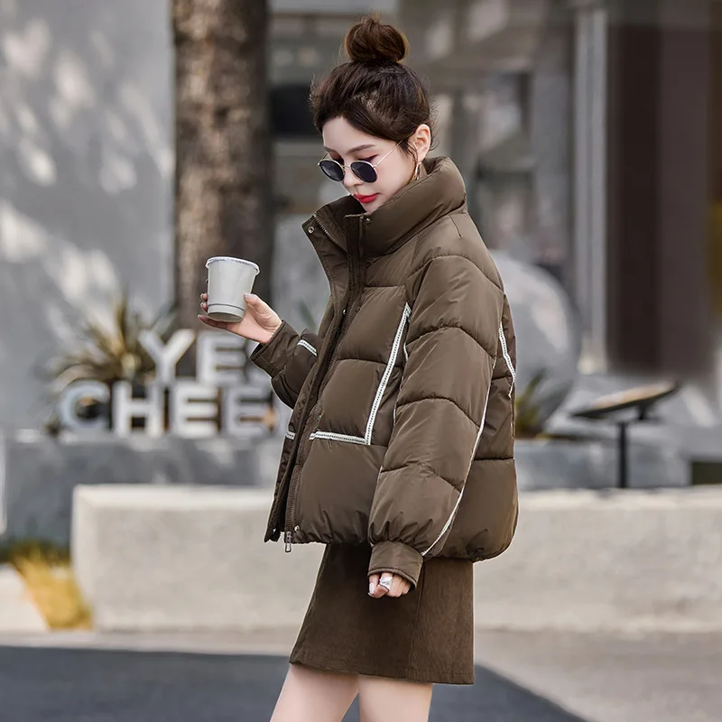 Winter Stand Collar Parka Jacket Women Korean Mix Color Thicken Warm Cotton Jacket for Woman Zip Up Long Sleeve Parkas Female