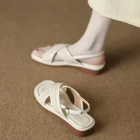 New Minimalist Square Toe Woven Sandals Women Cross Strap Slingback Flats Elegant French Style Summer Shoes Vacation Footwear - Image 4