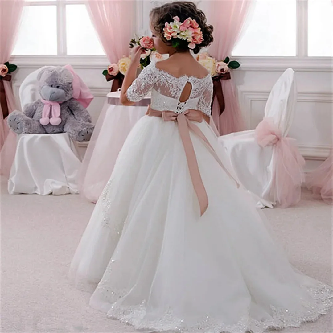 Lace Wedding Flower Girl Dresses Appliques With Sash Infant Toddler Kids First Communion Dress Birthday Prom Party Gown
