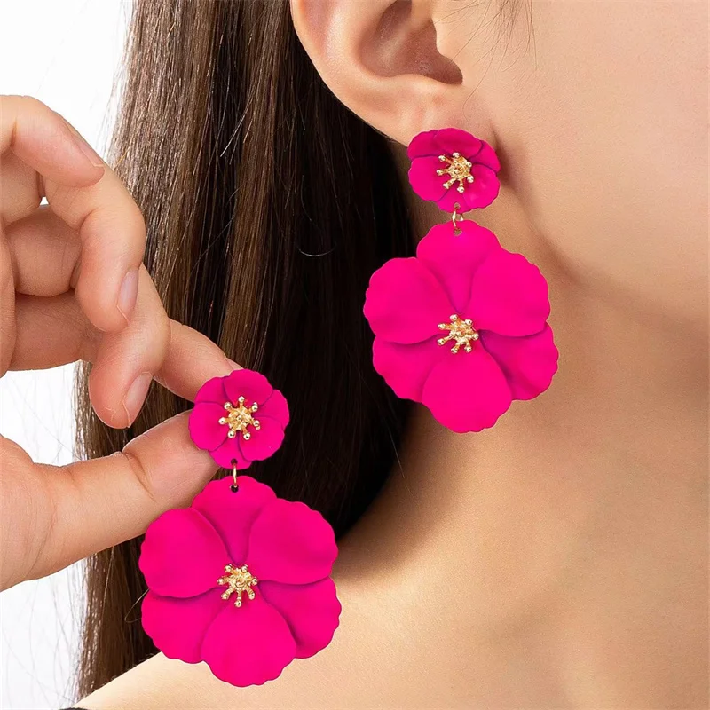 Rose Color Flower Earrings Fashionable Long Flower Earrings Jewelry Wedding Gift Accessories Wholesale