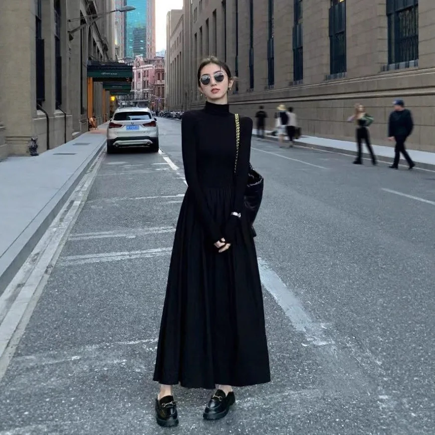 Vestido fino coreano elegante, vestido midi elegante e chique, vestido casual de manga comprida em camadas, vestido fluido de mistura de algodão plissado