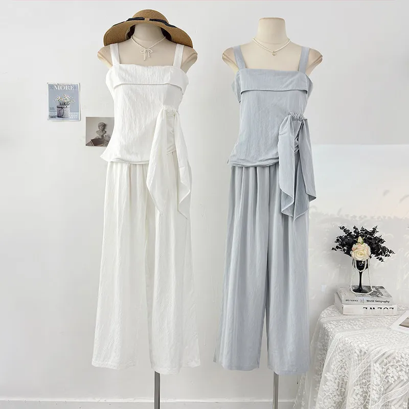 

High end irregular strap strapless tank top high waisted drape casual wide leg pants women summer solid color two piece set