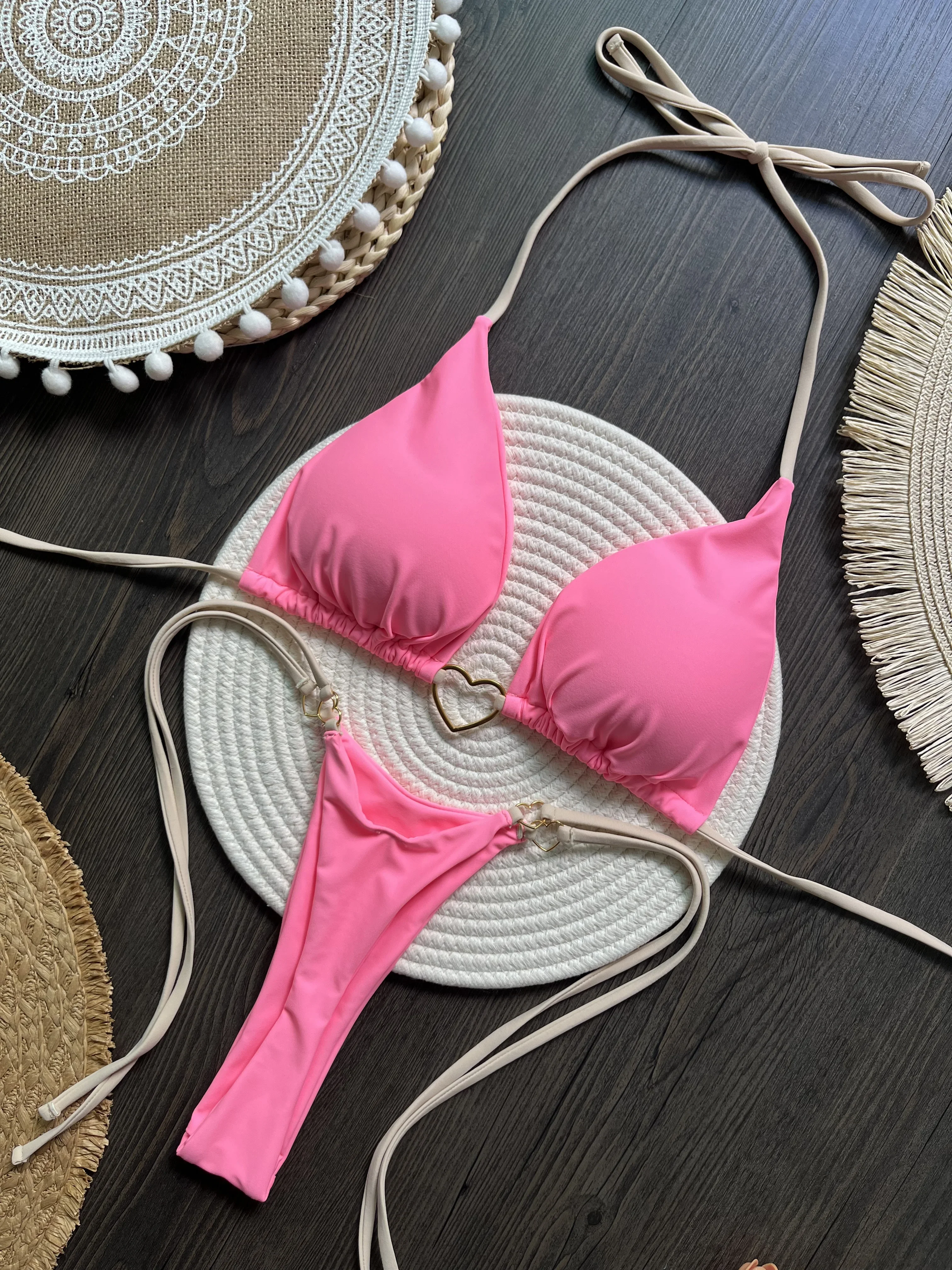 Maiô feminino sexy sólido maiô coração anel de metal conjunto de biquíni com cordão de duas peças beach wear rendas até biquinis divididos