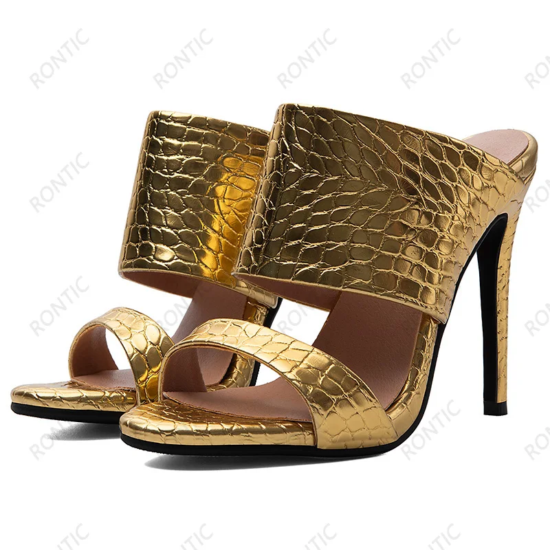 Rontic Handmade Women Crocodile Pattern Metallic Mule Sandals Open Toe Stiletto High Heel Slippers Ladies Backless Party Shoes