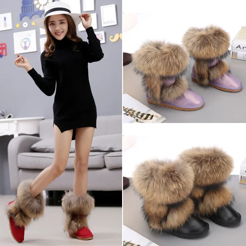 Australia Classic Snow Boots Women Faux Fur Winter Shoes Cow Suede Warm Natural Fox Fur Non-slip Rubber Soles Female Flat Shoes