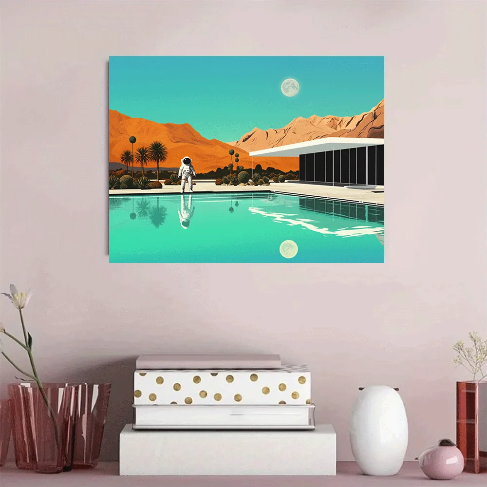 1PC-Unframed Canvas poster wall decoration  Astronaut by Pool Desert Landscape Modern House Moon Reflection Art Print