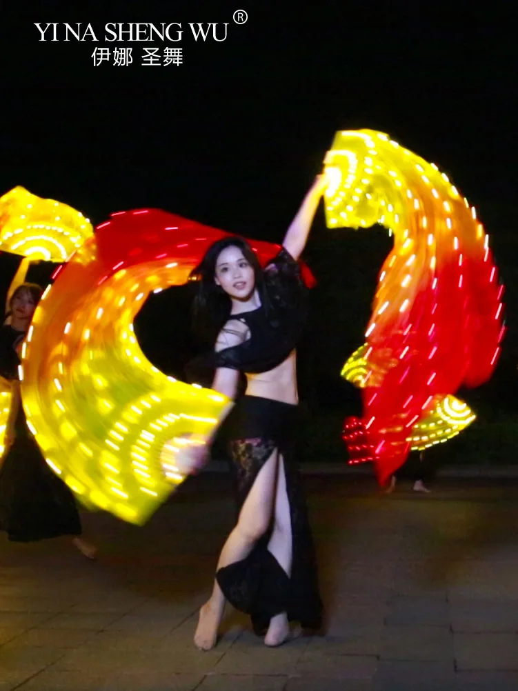 Akumulatorowe wachlarze LED z prawdziwego jedwabiu, jednoczęściowe, jedna para, praworęczne, leworęczne, 180 cm, akcesoria do tańca brzucha na scenę.