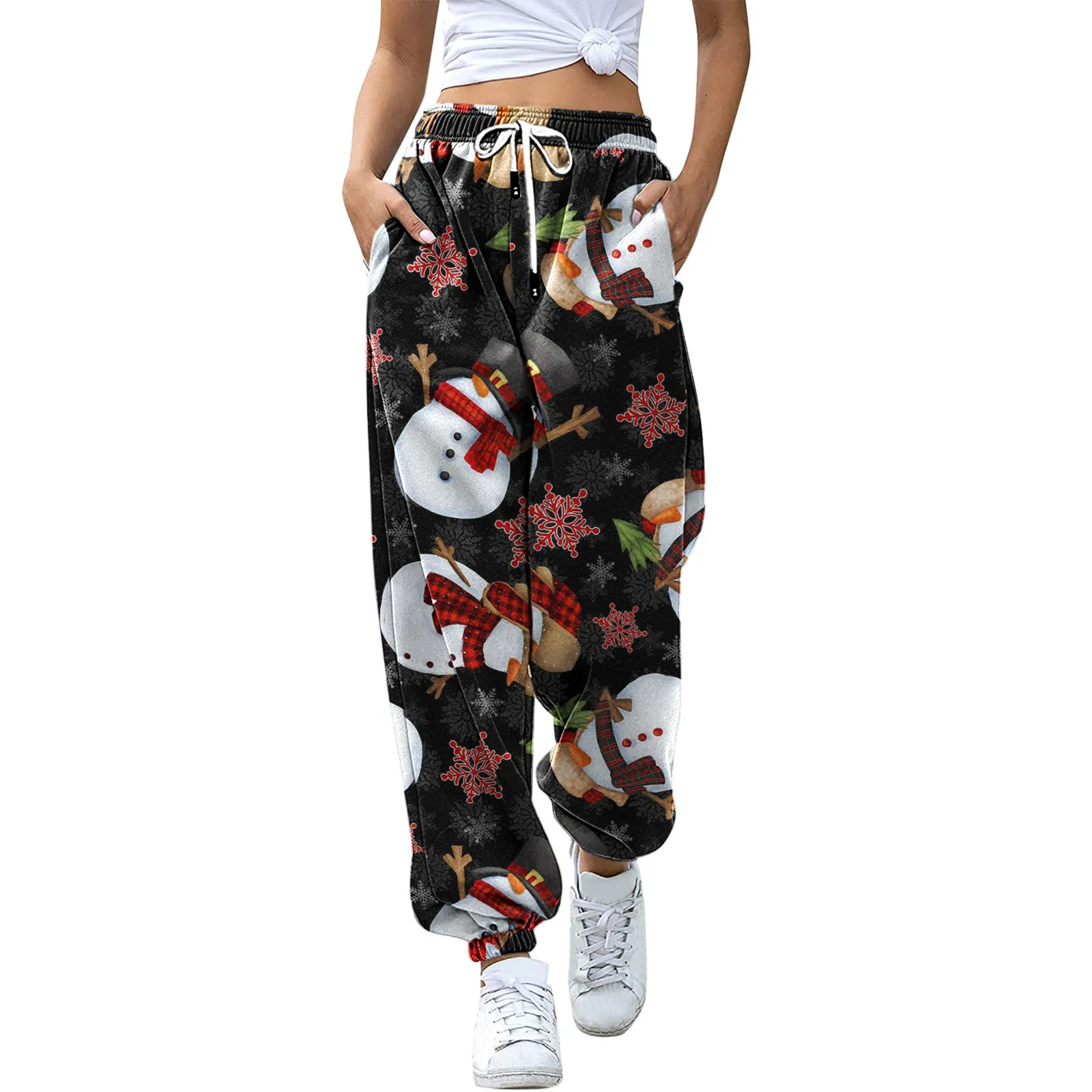 Christmas Print Women's Pants Casual Sweatpants Pockets High Waist Sporty Gym Athletic Fit Jogging Pants Long Y2K Trousers